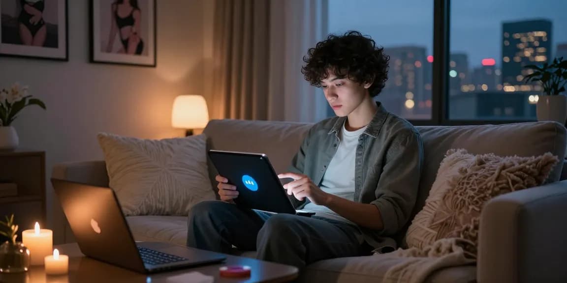 Engaging with 18+ AI chatbot in a cozy virtual space, featuring intimate decor.
