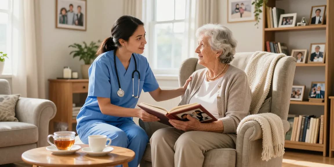 Compassionate caregiver assisting elderly woman at home, highlighting dementia stages support.