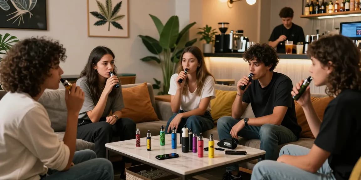 Friends enjoying weed vapes in a trendy cannabis lounge setting with stylish décor.