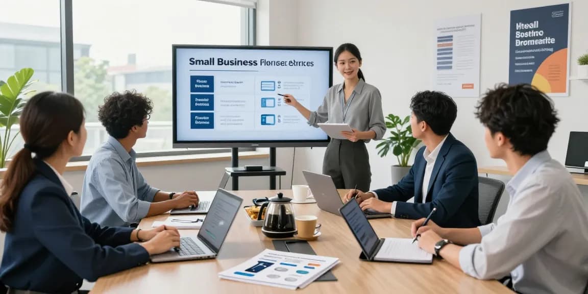 Team discussing small business phone service solutions in a bright office environment