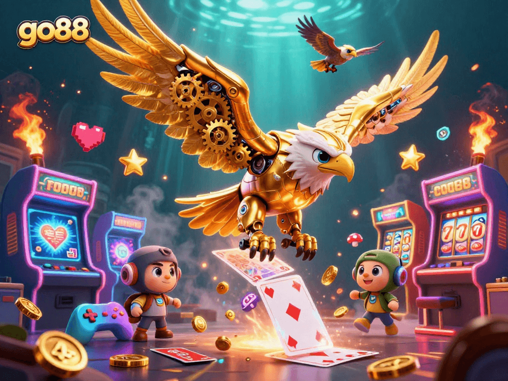 Experience the excitement of go88 with a vibrant illustration showcasing a golden eagle diving among casino elements.