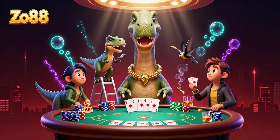 Experience thrilling poker action at Zo88 with a towering dinosaur and clever raptor dealer!