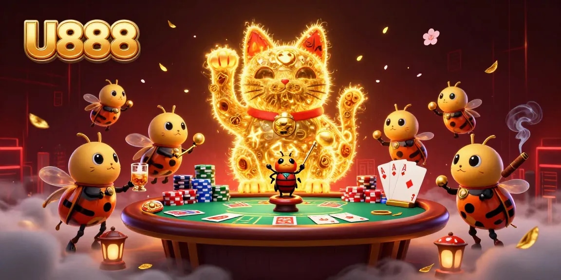 Experience thrilling gameplay at U888 with a vibrant golden lucky cat and poker elements.