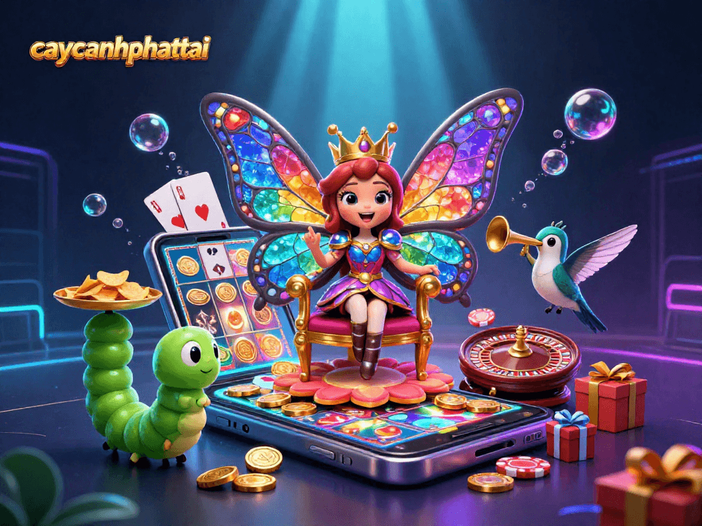 Spin the reels with caycanhphattai's vibrant butterfly queen in a dynamic, colorful casino scene