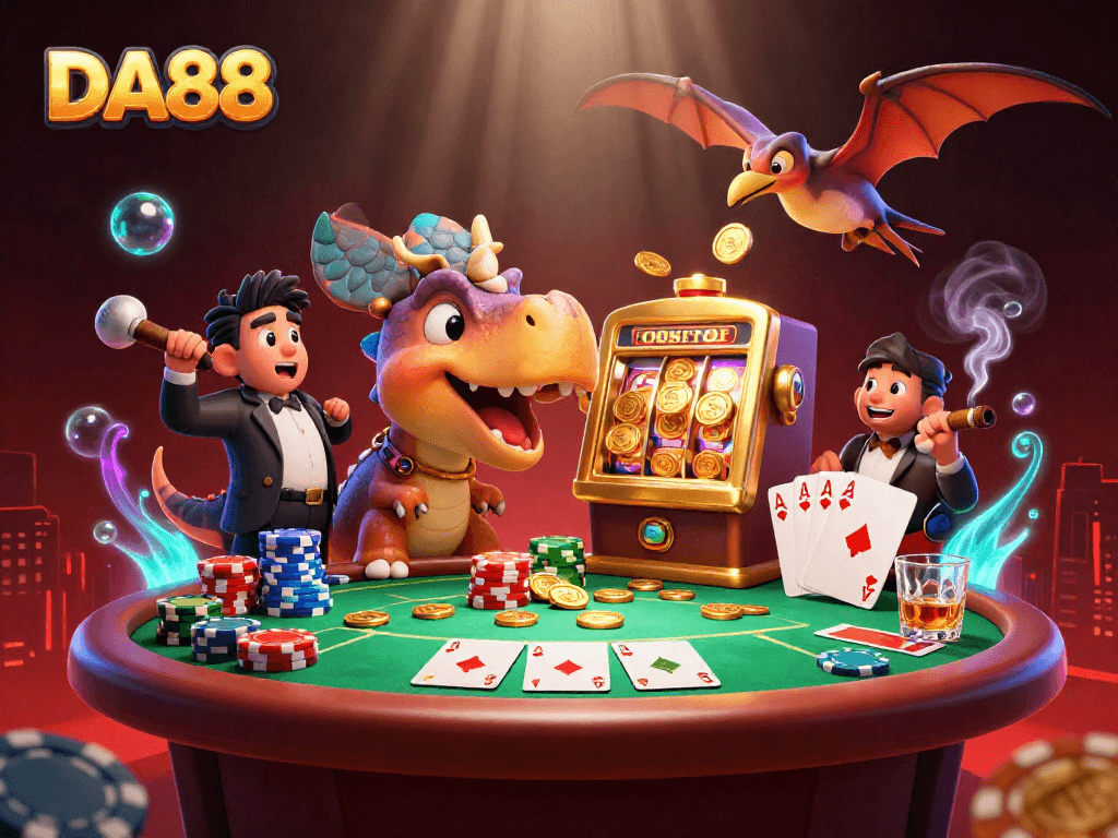 DA88 enhances gameplay as a pachycephalosaurus headbutts a golden slot machine with flying coins.