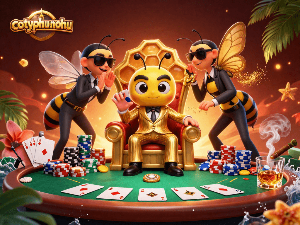 Cotyphu-nohu game scene with a cartoon bumblebee mob boss and poker elements.