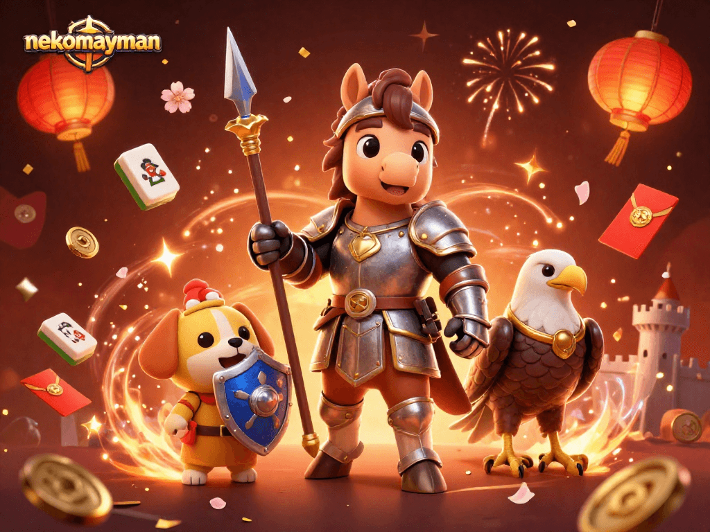 Engage with nekomayman slots featuring knights and festive symbols in this vibrant casino scene.