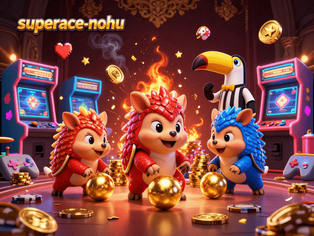 superace-nohu features a dynamic scene of rival pangolins bowling through poker chips in a colorful casino setting