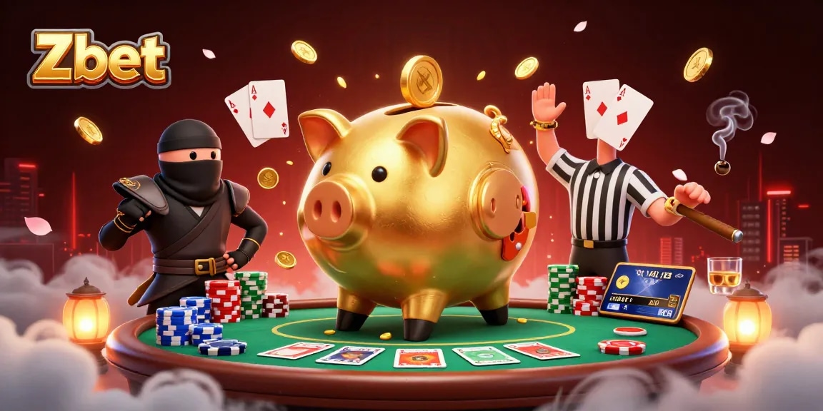 Zbet takes center stage as a golden piggy bank sumo wrestler shakes coins amidst a vibrant poker scene, showcasing dynamic gaming energy.