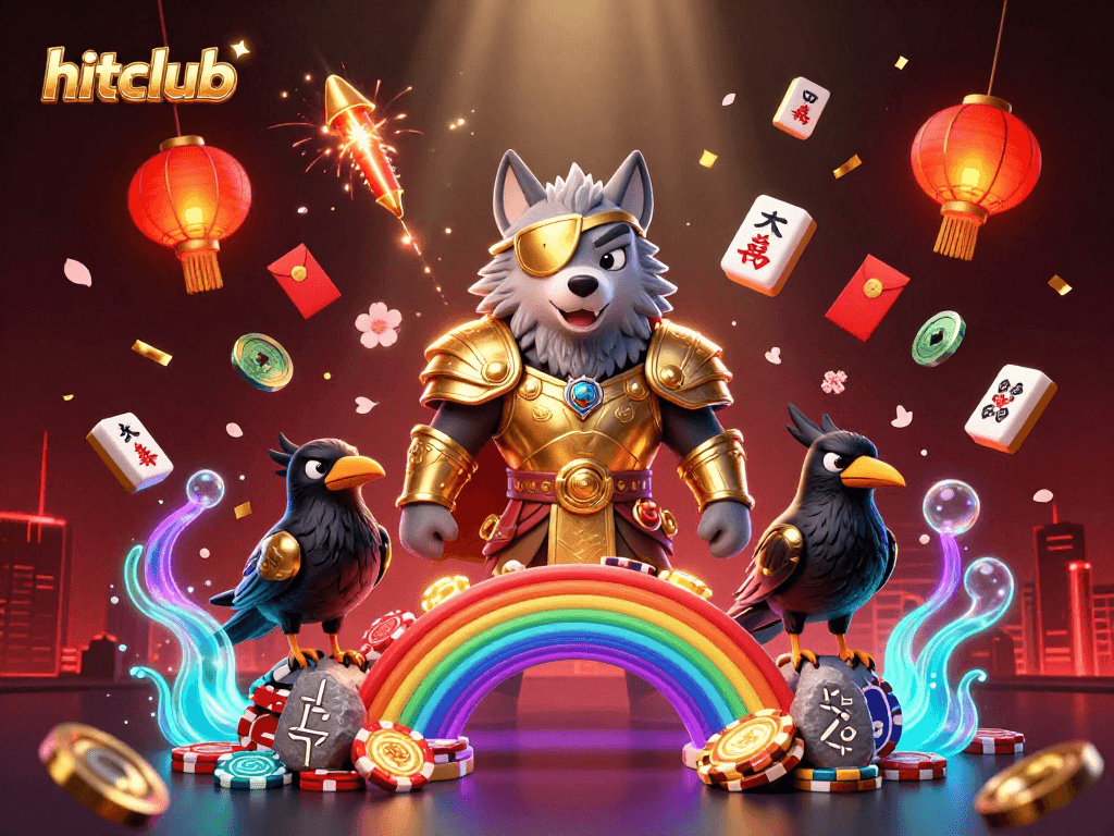 Engage with hitclub's vibrant casino universe illustrated by Odin and his ravens amidst shimmering gaming elements.