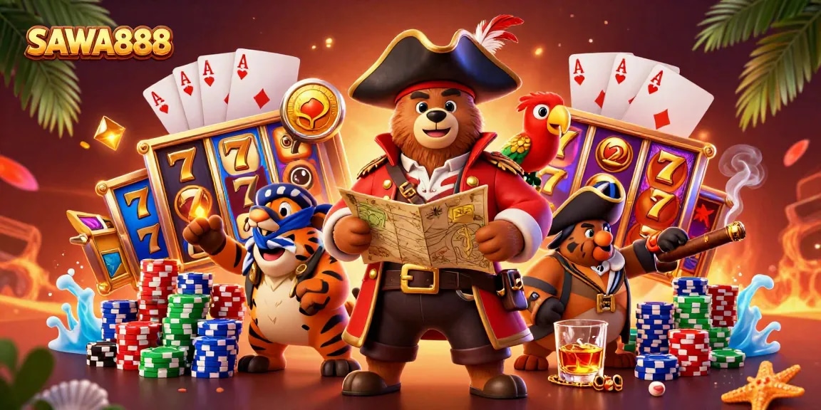 Experience SAWA888 with thrilling slot reels and vivid characters in an exciting casino scene.