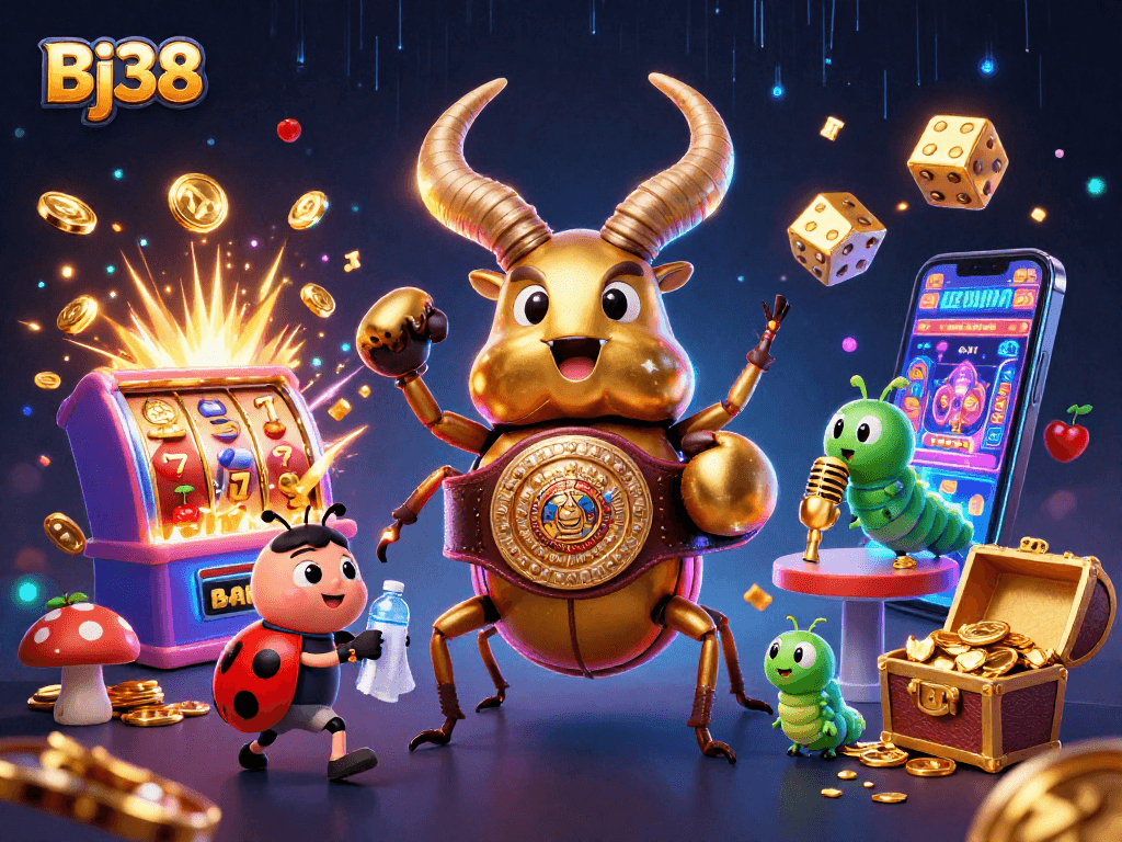 Bj38 showcases an energetic casino scene with vibrant characters and dynamic gaming elements
