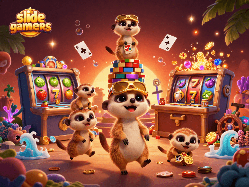 Experience the excitement of slidegamers with energetic meerkats managing a lively casino scene.