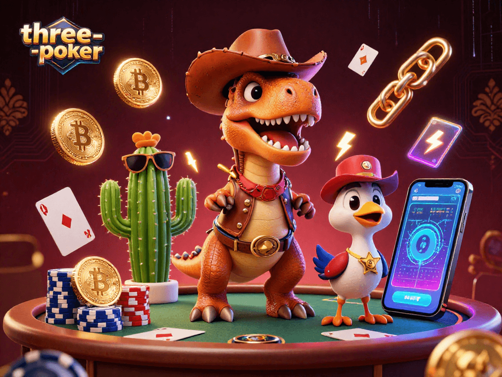 Engage in three-card-poker with dynamic poker elements surrounding a cartoon dinosaur, cactus, and roadrunner