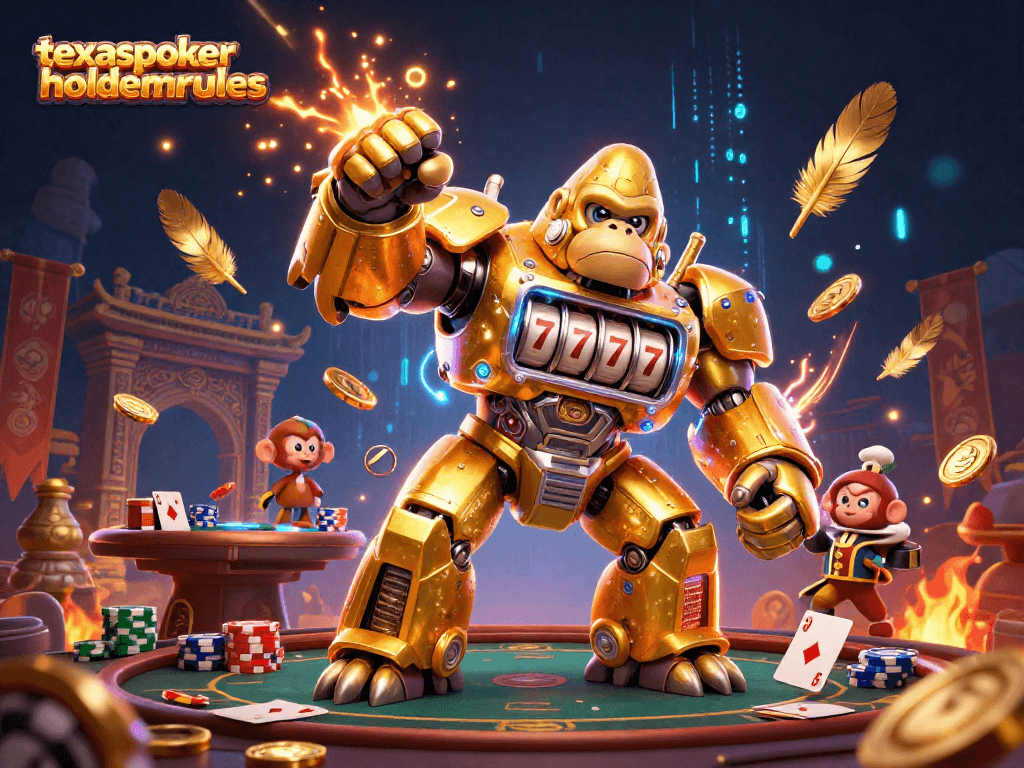 Engage in the excitement of texaspokerholdemrules with a dynamic illustration featuring a golden gorilla mech and poker elements.