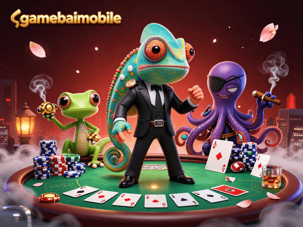 gamebaimobile captivates players with a vibrant 3D casino scene featuring poker action.