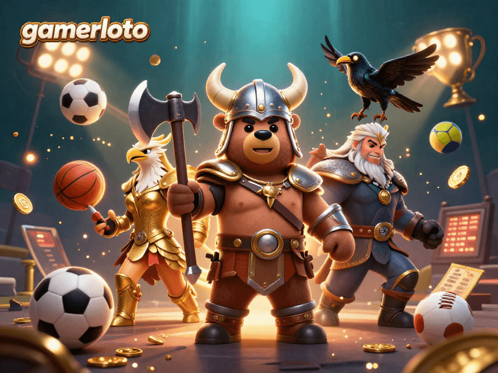 Experience gamerloto gaming thrills with a 3D Viking and Valkyrie amidst sports and golden trophies.