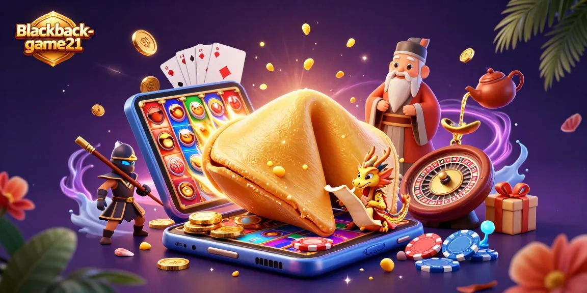 Engage with blackjack-game21's vibrant casino scene featuring a golden cookie, dragon, and dynamic gaming elements.