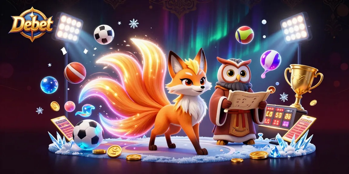 Bet on Debet with a vibrant and dynamic display of casino elements including sports balls and playful characters.