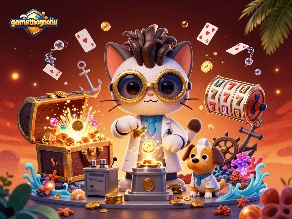 Engage in thrilling gameplay with gamethuongnohu featuring a mad scientist cat and dog assistant creating treasures in a vibrant lab.