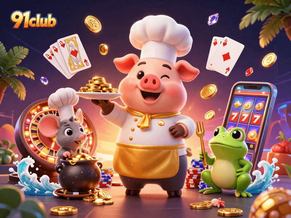 Experience the thrill of gaming with 91club, as characters serve gold coins in a vibrant casino scene.