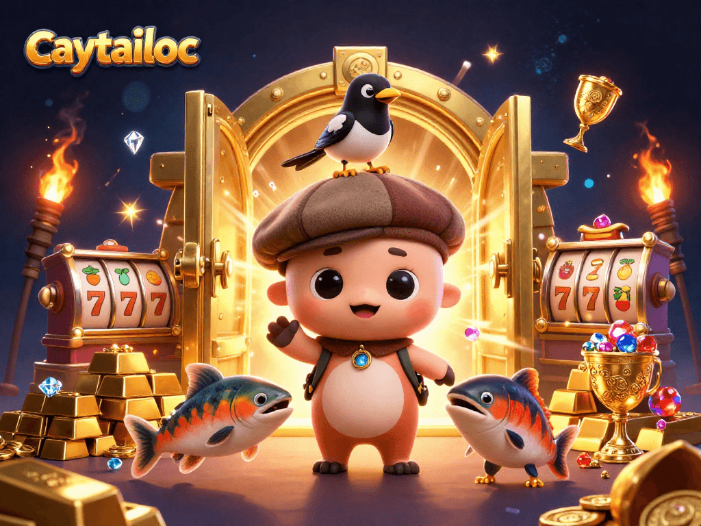 Experience the excitement of caytailoc, illustrated with a playful Nessie, gold treasures, and slot elements.