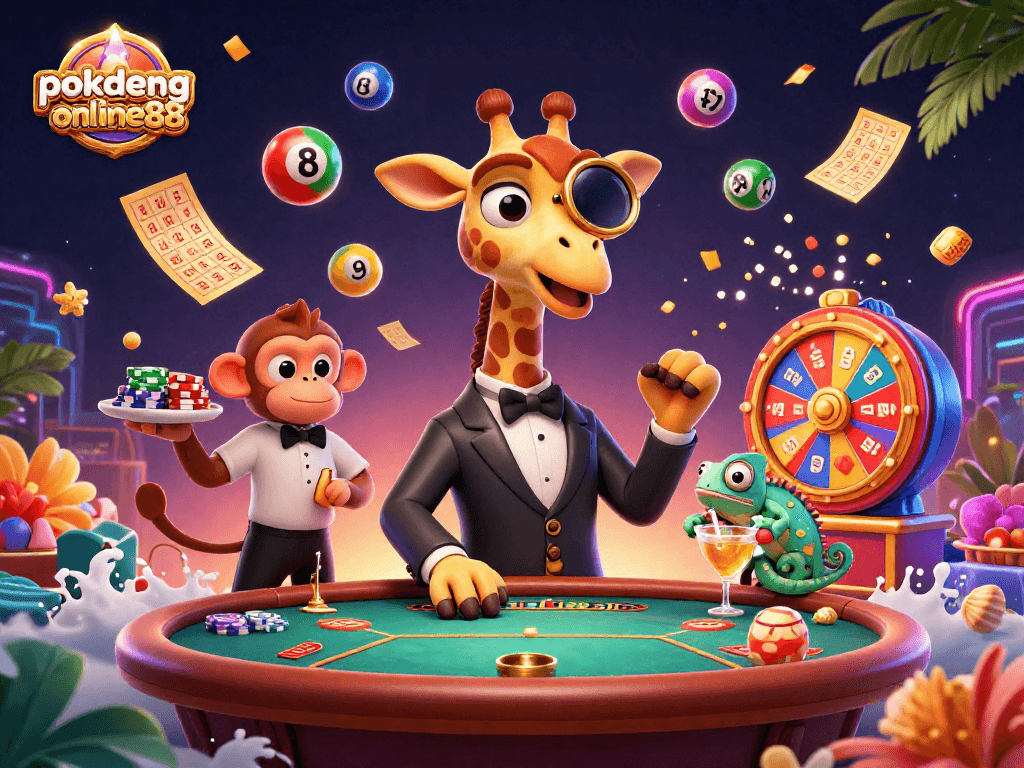 Engage with pokdeng-online88's vibrant casino scene featuring a high-roller giraffe and lively game elements.