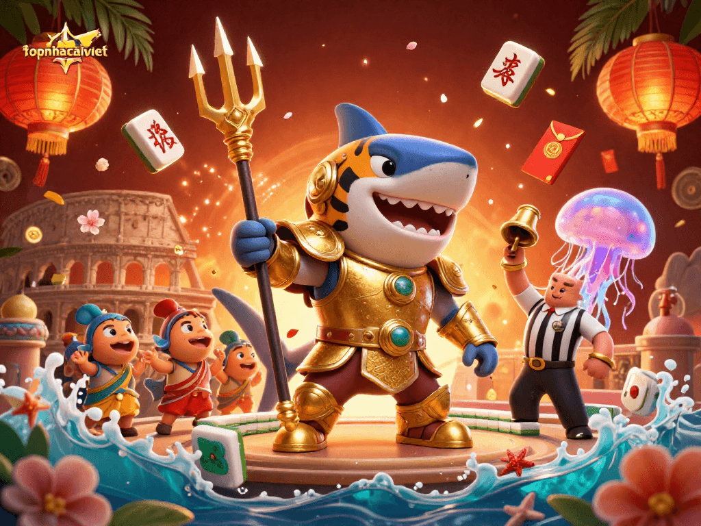 Engage in thrilling gameplay at topnhacaiviet with a vibrant casino scene featuring a golden gladiator shark.