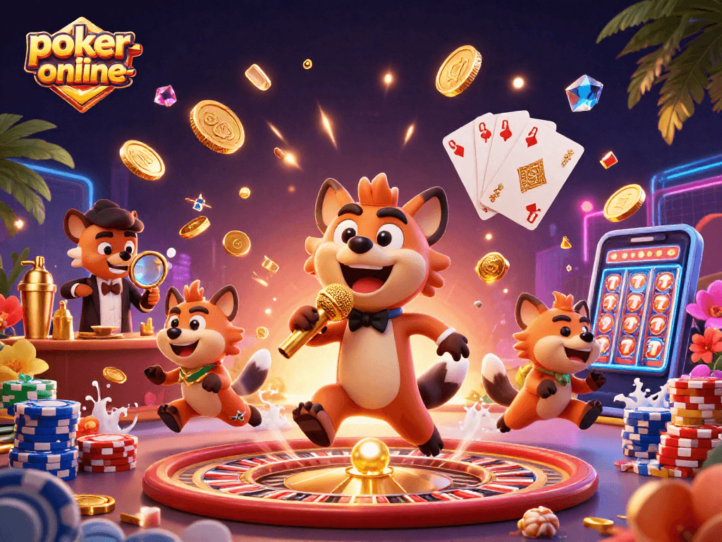 Experience fun and excitement at poker-online-now with animated hyenas in a vibrant 3D casino scene.