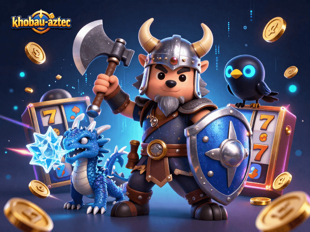 Win big in khobau-aztec with a thrilling scene featuring Viking warriors and magical dragons!