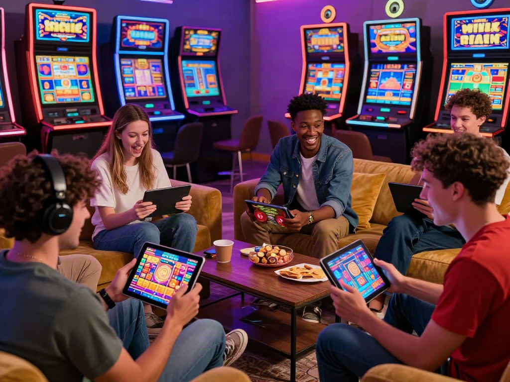 Players enjoying non GamStop slots in a lively living room casino setting.