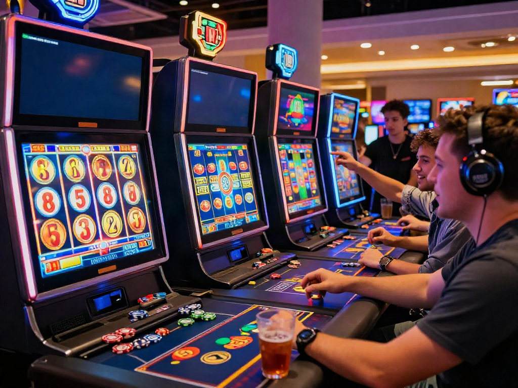 Diverse group enjoying non gamstop slots at an online casino with colorful graphics and warm lighting.