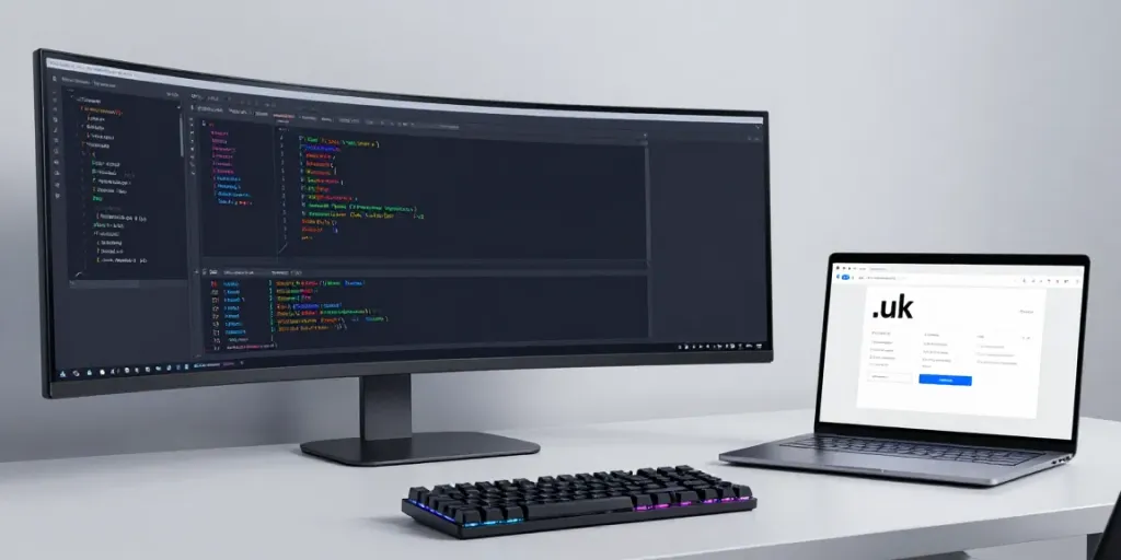 .uk domain registration process in a modern developer workspace with high-tech equipment and coding environment.