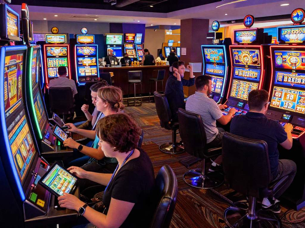 Players enjoying non gamstop slots in a lively casino environment, highlighting excitement and social interactions.