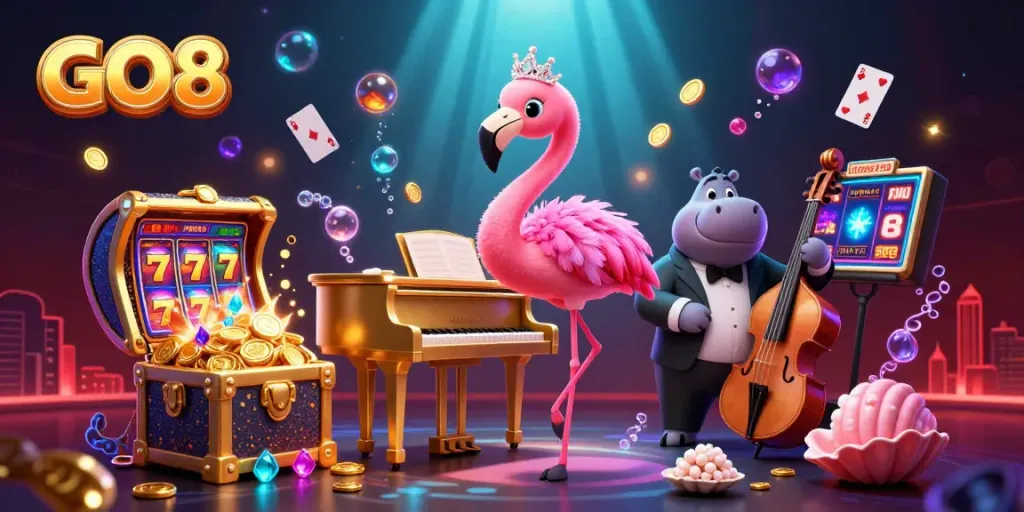 Engage with GO8 in a vibrant casino scene showcasing exclusive games and lively characters.