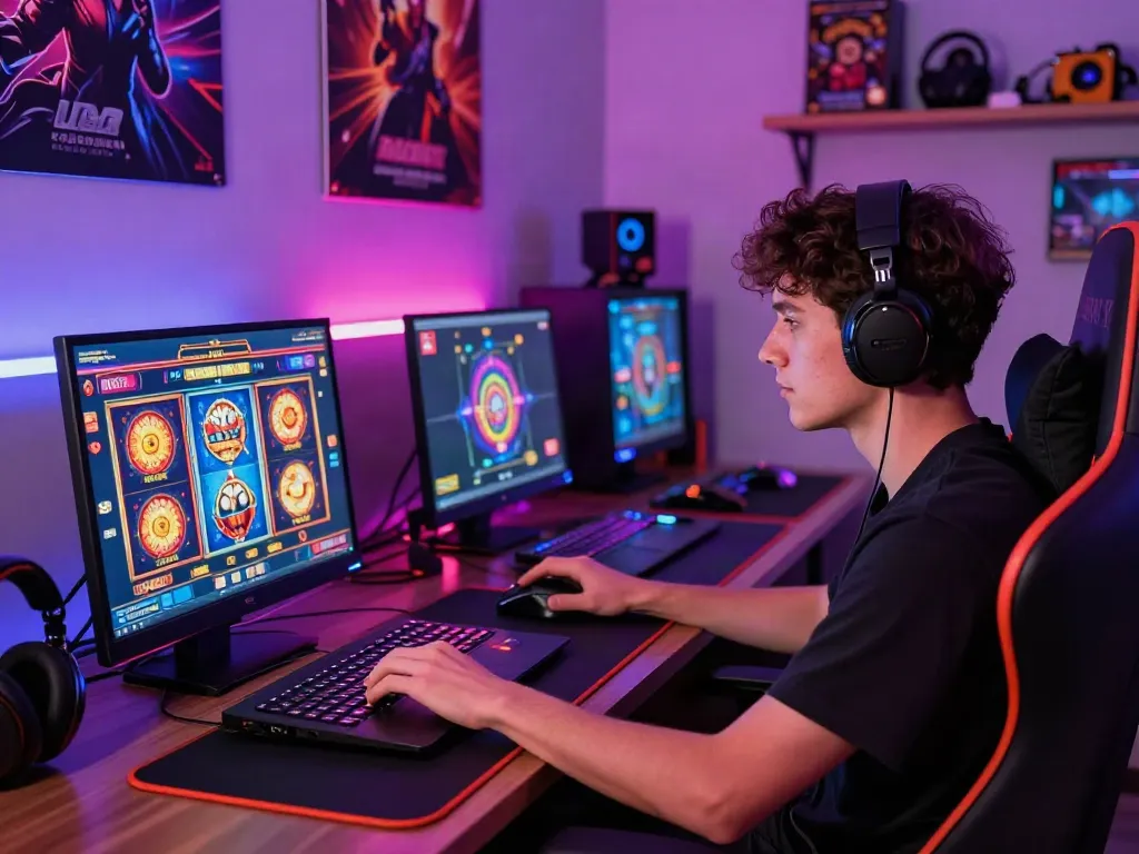 Engaging scene of a player enjoying non gamstop slots on a laptop amidst vibrant gaming decor.