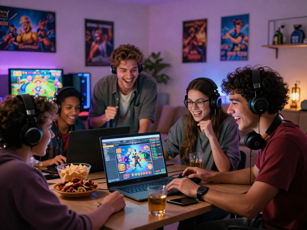 Group of friends enjoying non gamstop slots in cozy living room