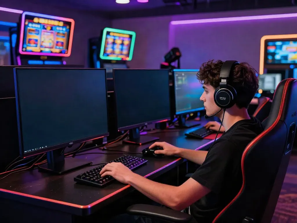 Excited gamer enjoying non gamstop slots on a vibrant screen.