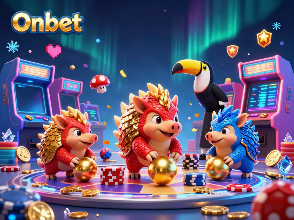 Onbet pangolin characters competing in a vibrant casino-inspired game scene.