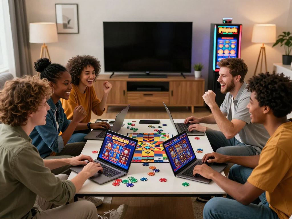 Group enjoying non gamstop slots while gaming at home, with laptops and vibrant decor.