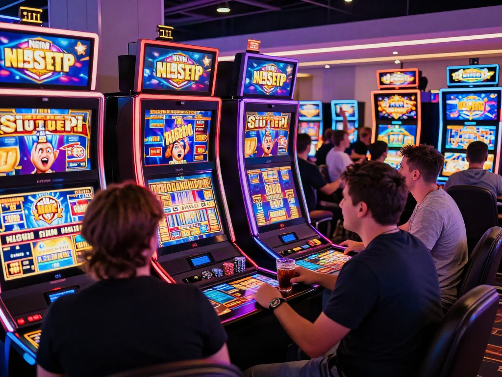 Playful scene of players enjoying non gamstop slots at a colorful casino.