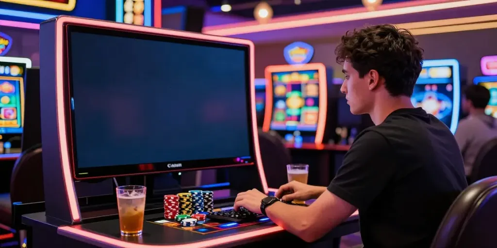 Player enjoying non Gamstop slots in a vibrant online casino setup with colorful graphics and energizing decor.
