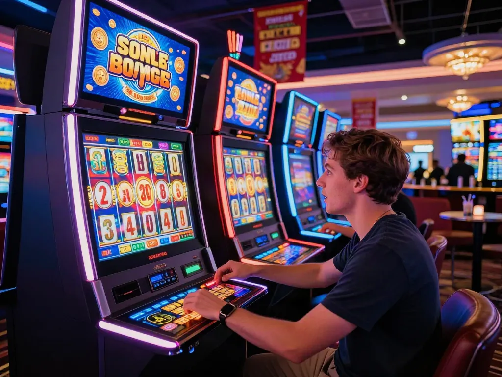 Player enjoying non Gamstop slots in a lively casino atmosphere with neon lights and virtual coins.