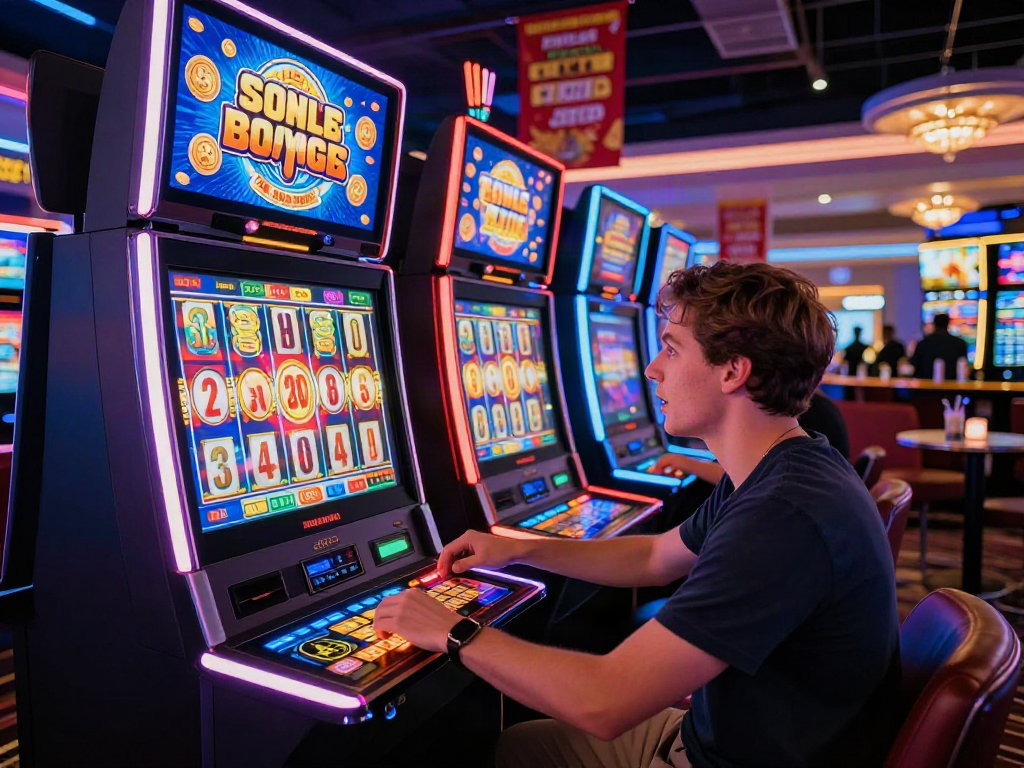 Player enjoying non Gamstop slots in a lively casino atmosphere with neon lights and virtual coins.