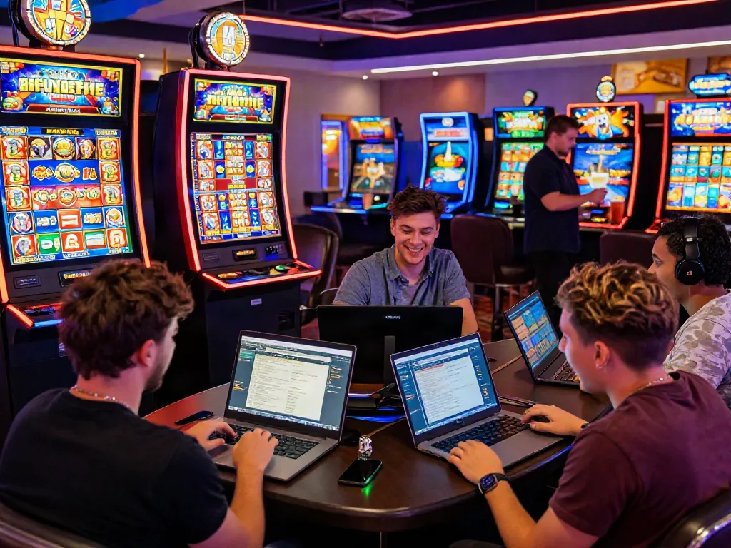 Players celebrating big wins on non GamStop slots in a vibrant casino setting.