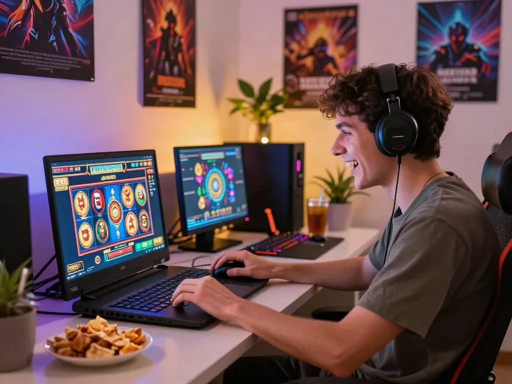Excited player enjoying non gamstop slots on a laptop in a cozy home office.