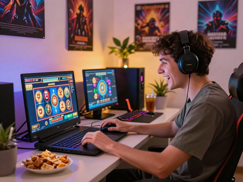 Excited player enjoying non gamstop slots on a laptop in a cozy home office.