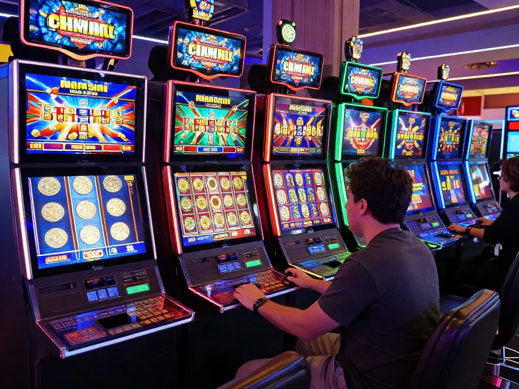Exciting player spinning non gamstop slots machine in vibrant casino.