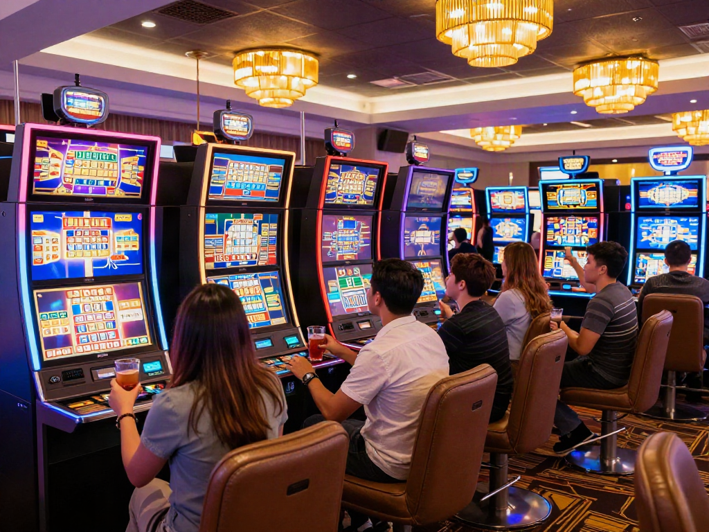 Exciting scene of players enjoying non gamstop slots in a vibrant casino.
