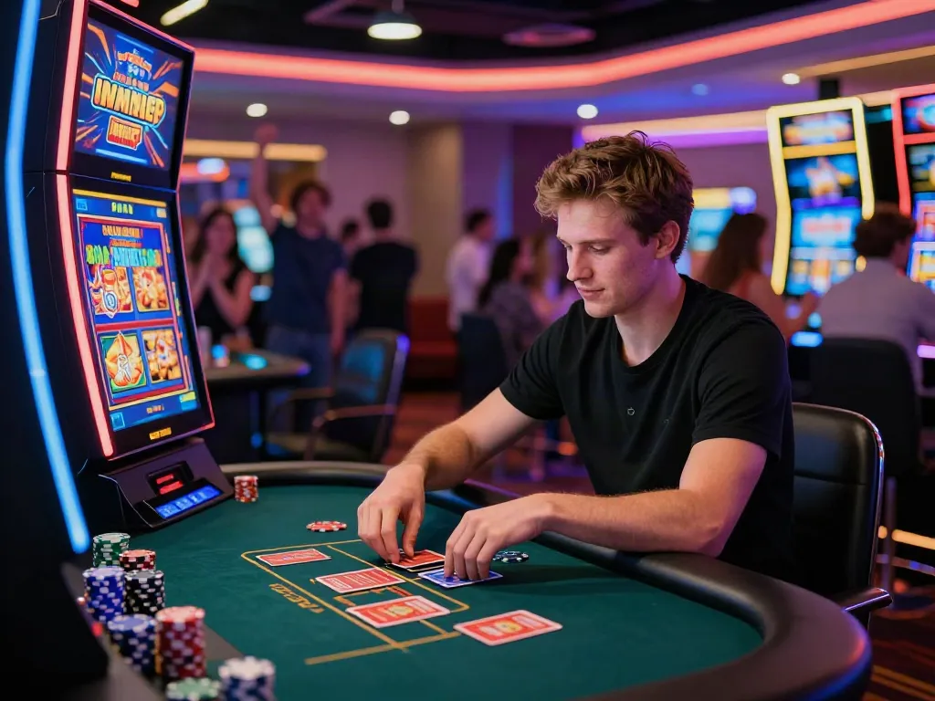 A player enjoying non gamstop slots at a colorful casino table with vibrant lights and excitement.